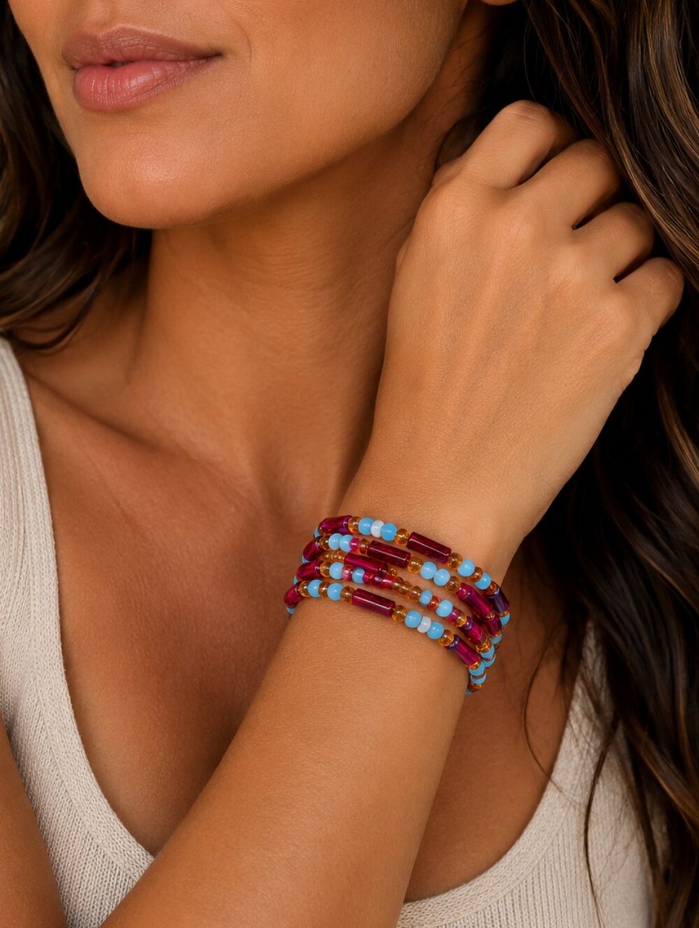 Handcrafted Multicolor Beaded Wrap Bracelet - Red & Cyan